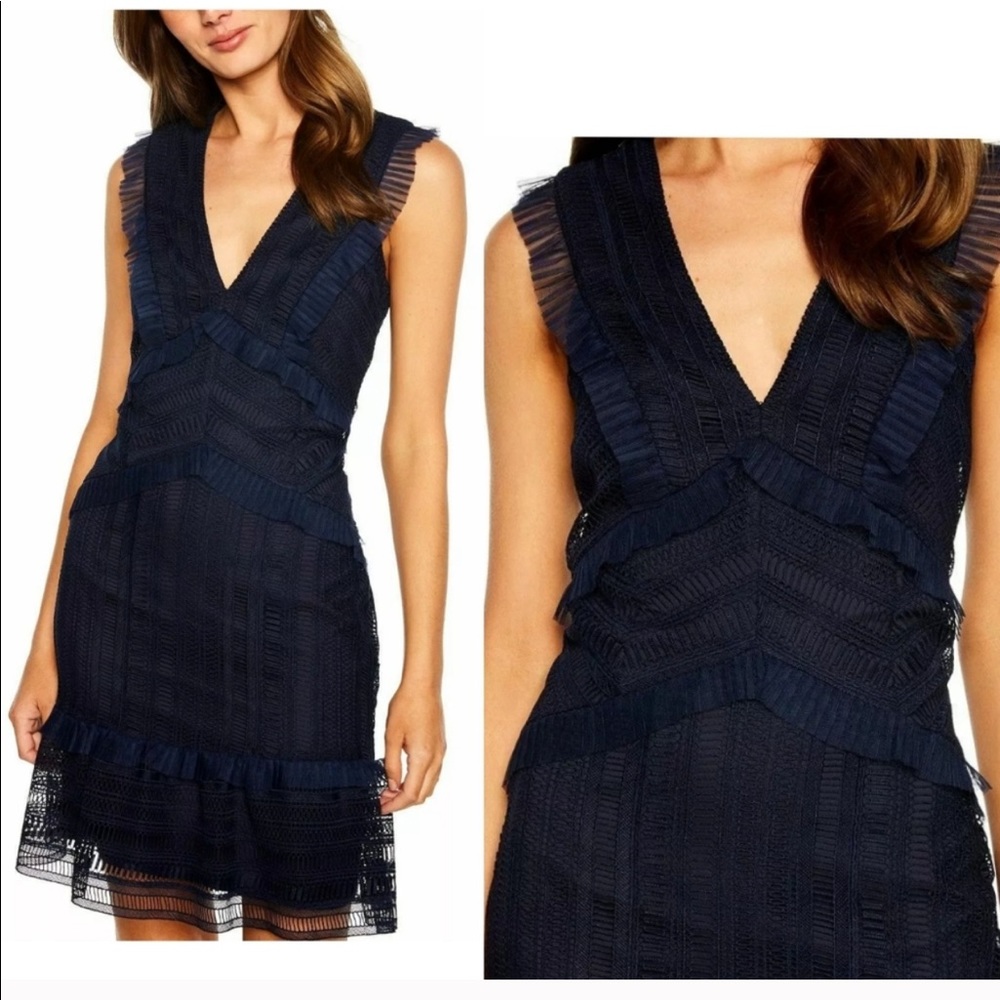 New $379 BARDOT Blue Geometric Lace Ruffle Dress